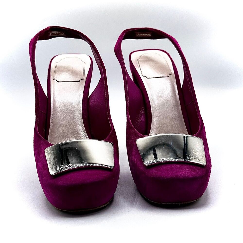 Vintage Christian Dior Suede Magenta Slingback Platform Heels Size 39.5 - Picture 8 of 8
